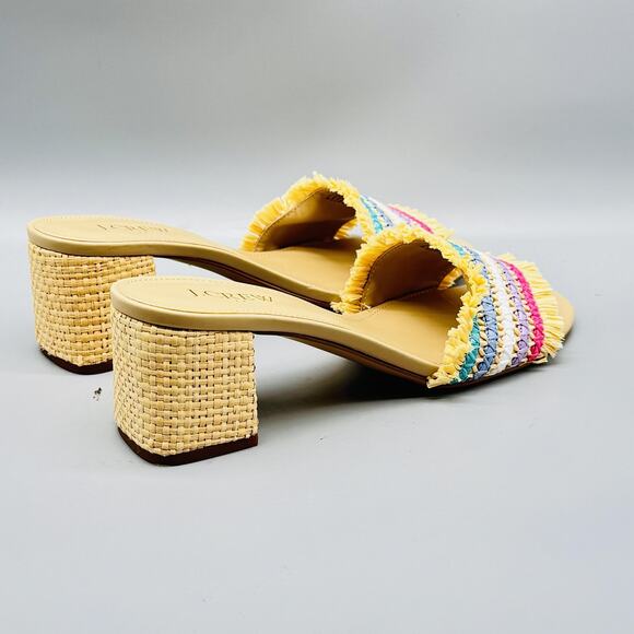 J Crew Sandals Womens 8.5 Beige Woven Slide Open Toe Block Heel Raffia Fringe - Picture 7 of 11